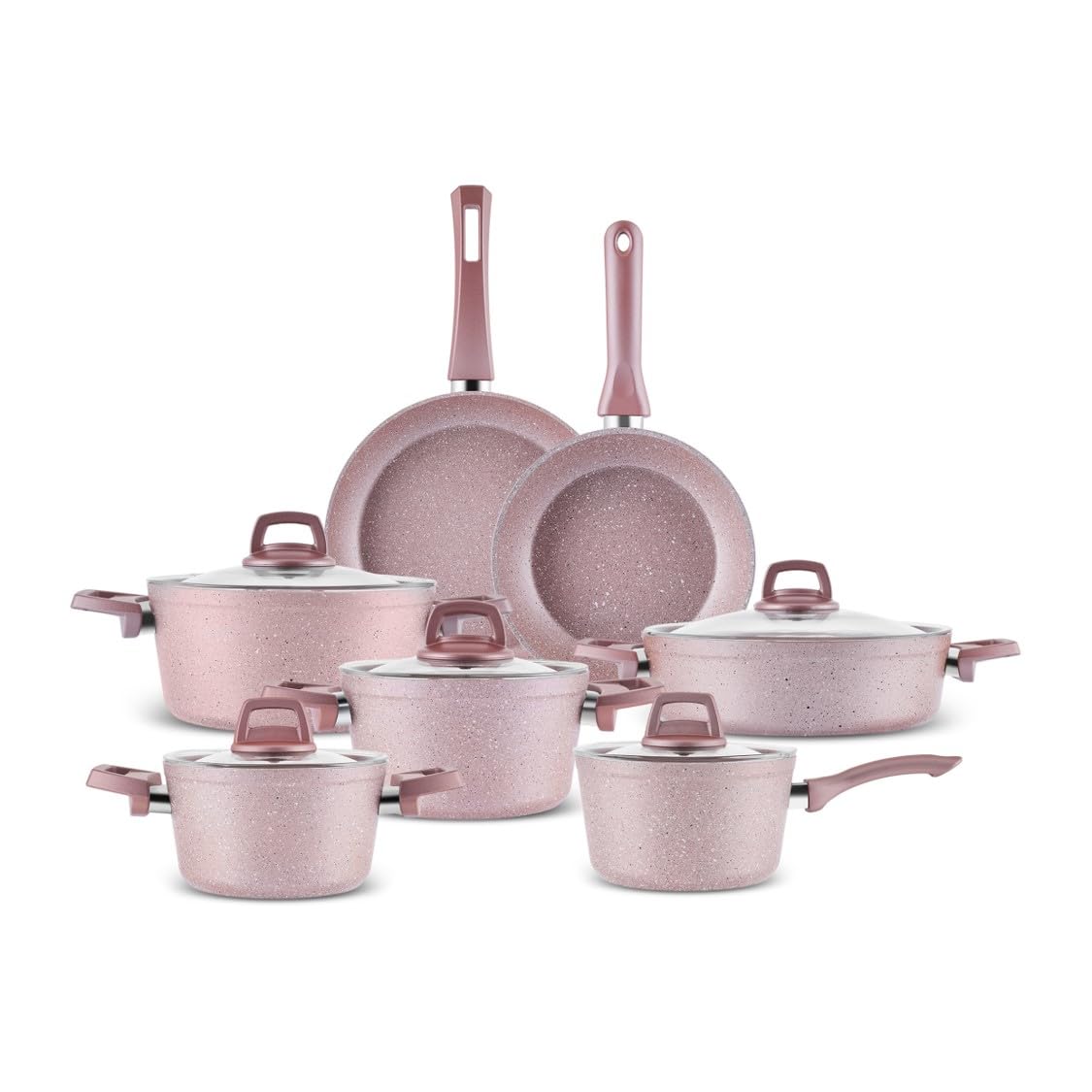 Karaca Bio Granite Induction Cookware Set with Lids - Non Stick Pots and Pans Sets - Durable Fireproof Kitchen Set for Enhanced Cooking Experience - PFOA Free (12 Piece, Rosegold)