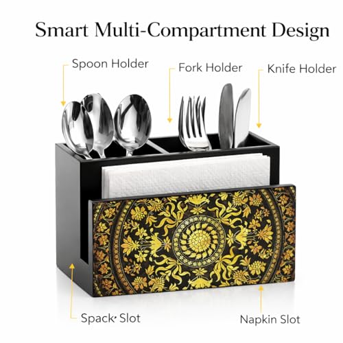 Image of Reinvention Factory Wooden Cutlery & Tissue Holder for Dining Table | Designer Spoon Stand & Napkin Holder Organizer | MDF Wood Kitchen Cutlery Stand with Compartments | Dining Table Decor Organizer