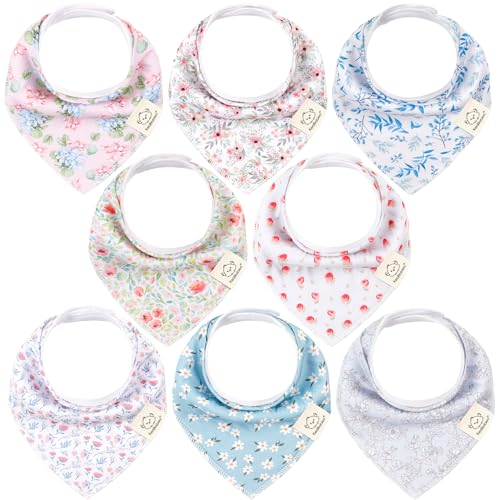 Image of 8-Pack Organic Baby Bandana Bibs for Girls - Super Absorbent Triangle Baby Bibs for Drooling and Teething Infant, 100% Cotton Extra Soft for Newborn, Infant 0-36 Months (Flourish)