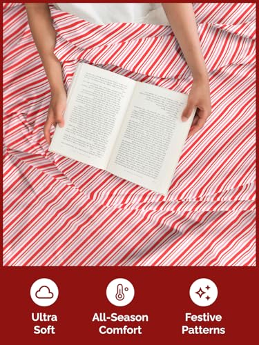 King Candy Cane Stripe Sheet Set - Holiday Xmas Pattern Bedding Set - Deep Pockets - Snug Fit - 4PC - Wrinkle Free & Easy Care - Comfy Festive Winter - Holiday Sheets for Women, Men, Kids & Teens