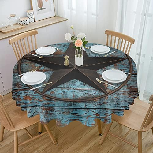 WARM TOUR Western Metal Texas Brown Star Kitchen Table Cloth Waterproof Round Tablecloths,Farmhouse Vintage Blue Wood Grain Spillproof Tablecover for Dining Room/Outdoor Parties/BBQ/Banquet
