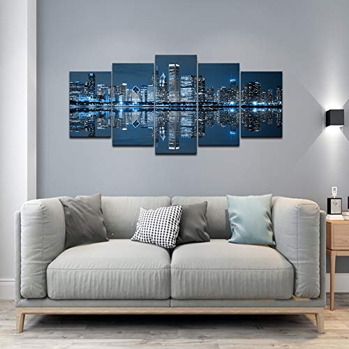 Levvarts - Chicago Downtown At Night Picture Canvas Print - Modern City Wall Art - 5 Panels Framed Artwork For Office Living Room Wall Decoration #TOP4