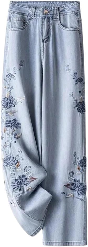 Women Wide Leg Pants Jeans Embroidery Thick Denims Vintage High Waist Autumn Winter Trousers
