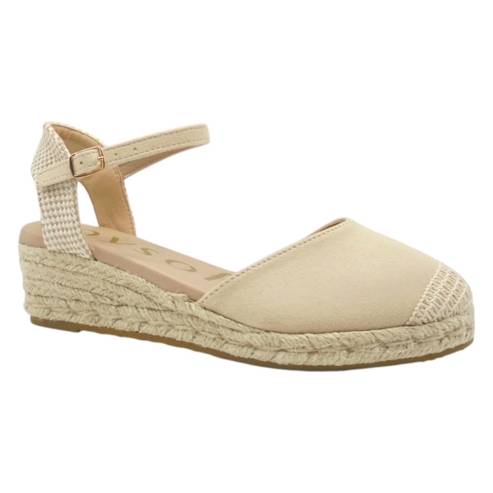mysoft - 25M102 Alpargatas de Mujer Platino con Cuña 4 cm, Plataforma 2 cm, Cierre de Hebilla, Planta de Gel Acolchada y Puntos de Relajación para: Mujer