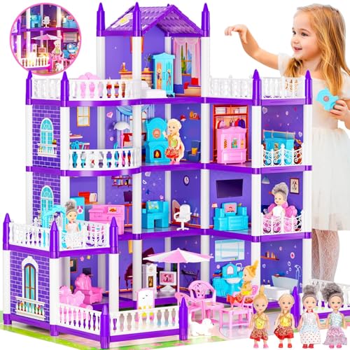 Case delle Bambole per Bambine, Casa dei Giochi a 4 Piani e 11 Stanze con 4 Bambole e Accessori per Mobili e Luci...