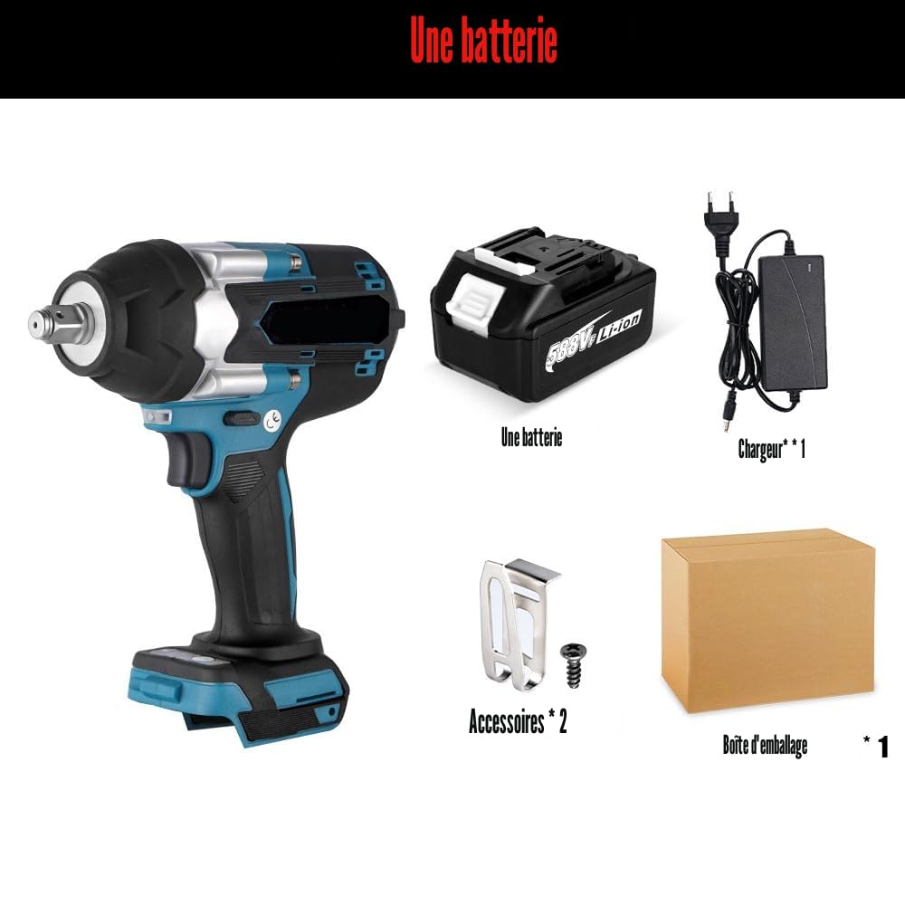 1800N.M Clé à Chocs Sans Fil,1/2 Pouce Boulonneuse a Choc, Compatible avec Makita 18V,Clé à Chocs Multifonction avec Lumière LED,avec 1 batterie, 7200 tr/min,5 vitesses,pour voiture et maison (Bleu)