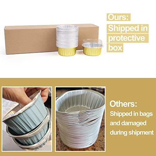 Lotfancy Aluminum Foil Baking Cups With Lids And Spoons, 5Oz/125Ml, 50Pcs Disposable Creme Brulee Ramekins, Oven Safe Aluminum Cupcake Liners Containers, Gold #TOP5