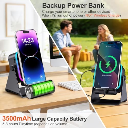 BOLONMI Wireless Bluetooth Induction Speaker, Phone Speaker Amplifier with Colorful Lights & 3500mAh Battery, Portable Phone Stand Compatible with iPhone/iPad/Android/Samsung - Black - 2