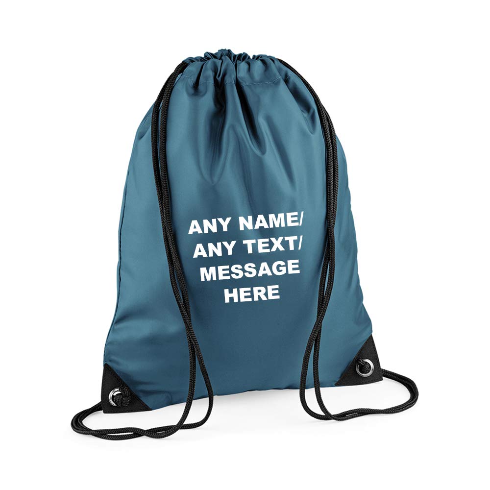 Getagift Personalised with your Own Any Name/Message/Text Premium Drawstring Bag, PE Gym Kit School, Swimming, Birthday/Secret Santa, PE Kids Sport Rucksack. (Airforce Blue)