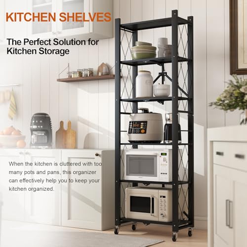 Image of 6-Tier Foldable Storage Shelves with Wheels Folding Bookshelf no Assembly | Folding Metal Shelf Unit, Collapsible Shelves for Craft Shows for Kitchen, Bedroom, Living Room, Black