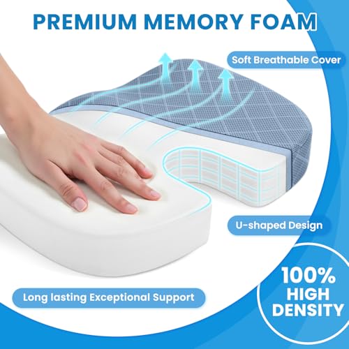 Image of TushGuard Office /Car Seat Cushion, Non-Slip Sciatica & Back Coccyx Tailbone Pain Relief Chair Pad, Memory Foam Butt Pillow for Computer Desk, Wheelchair, Driving (Light Blue, X-Large)