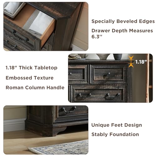 T4TREAM Farmhouse 5 Drawers Dresser for Bedroom, 48" Tall Wood Rustic Chest of Drawers with Natural Texture, Vintage Design, Storage Dressers Organizer for Bedroom, Living Room, Dark Rustic Oak