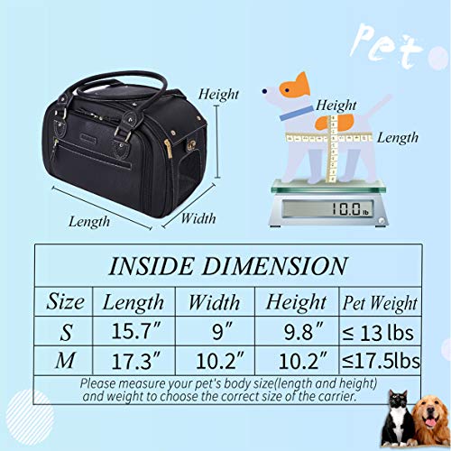Image of Dog Carrier, Cat Carrier, Expandable Foldable Airline Approved Leather Pet Travel Portable Bag Carrier for Small Dog, Medium Black