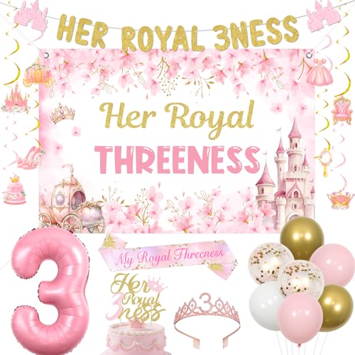 kreat4joy Princess 3rd Birthday Party Decorations, Her Royal Threeness Birthday Decoration Backdrop Banner Cake Topper Hanging Swirl Sash Crown Foil Latex Balloon Pink for 3 Years Old Girl Party