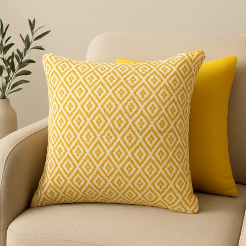 Image of Reversible 20x20 Yellow Cotton Argyle Woven Pack of 1 Fashion Throw Pillow Covers Cases for Couch Sofa Home Decoration | 50 x 50 cm