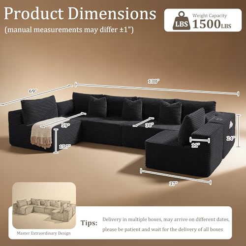 Image of 138 inch Cloud Sectional Couch, Comfort U Shaped Sofa for Living Room, Extra Deep Seats No Assembly, Minimalist Modular Couch, Corduroy (Black, 6 Seats,U-Shape B)