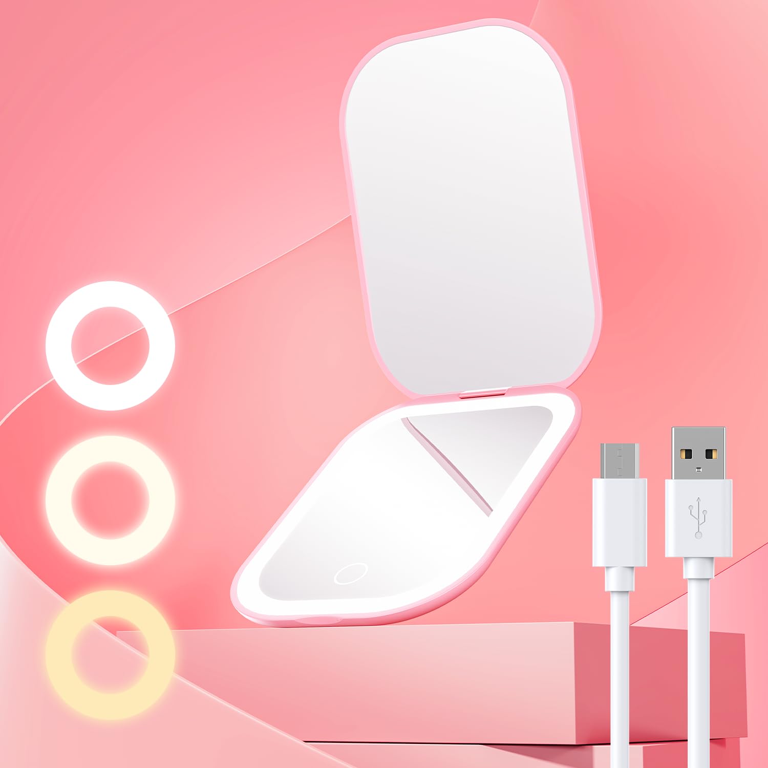 Gospire Ultra-Slim Lighted Travel Makeup Mirror with Lights and Magnification, Rechargeable 3X Magnifying Mirror with 3 Light Colors & Adjustable Brightness, LED Compact Mirror for Purses - Pink-image-21
