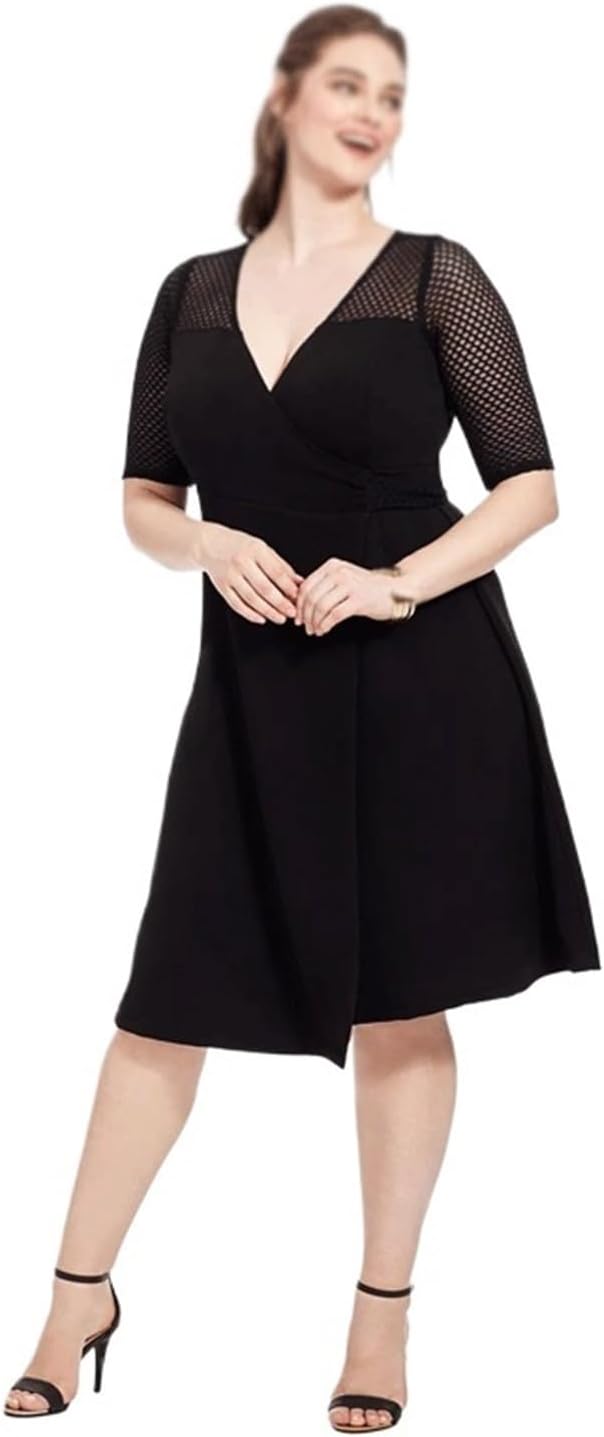 JSEIAJB Short Sleeve Wrap Dress Women Mesh Panel Sashes Waist Fit and Flare Party Dress A-line Dress(4X-Large)