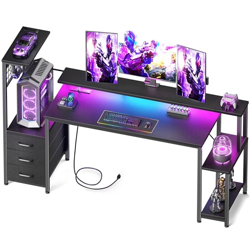 Korfile 63 Inch Gaming Desk with Bluetooth LED Lights & Power Outlets,Computer Desk with Fabric Drawers & Hooks,Reversible Gamer Table with Monitor Stand for Game Room,Home Office,Carbon Fiber Black
