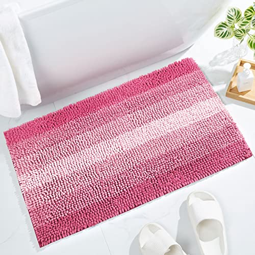 Gibelle Chenille Bathroom Rugs 16x24 - Non Slip Small Shower Bath Mat Pink