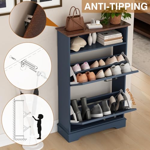 Image of 24 inch W Hidden Shoe Storage Cabinet with 2 Flip Drawers & Open Storage