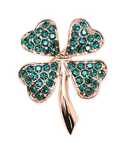 Faship Gorgeous Green Shamrock Clover Leaf Pin Brooch - Emerald-4 Leaf/Rose-Gold-Plated
