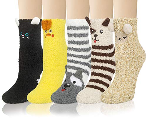 Image of Loritta Fuzzy Socks for Women, Soft Cozy Fluffy Christmas Socks | 5 Pairs, Super Warm Comfy, Cute Cat Dog Animal Pattern, Stretchy Cuff, Winter Holiday Gift, Home Sleeping, Stocking Stuffers