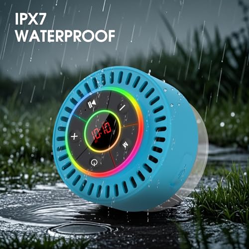 Image of Bluetooth Speaker, Shower Speaker IPX7 Waterproof, Speakers Bluetooth Wireless with Rich Bass, Portable Speaker with LED Light, Suction Cup,8H Playtime, for Bathroom Party Beach, Ideal Gifts, Blue