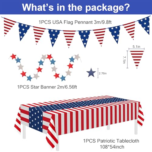Image of 9PCS 4th of July Decorations Red White and Blue Paper Fans, USA Pennant Bunting, Star Streamers, Patriotic Tablecloth for Fourth of July Party Supplies, Memorial Day Veterans Day Patriotic Decor