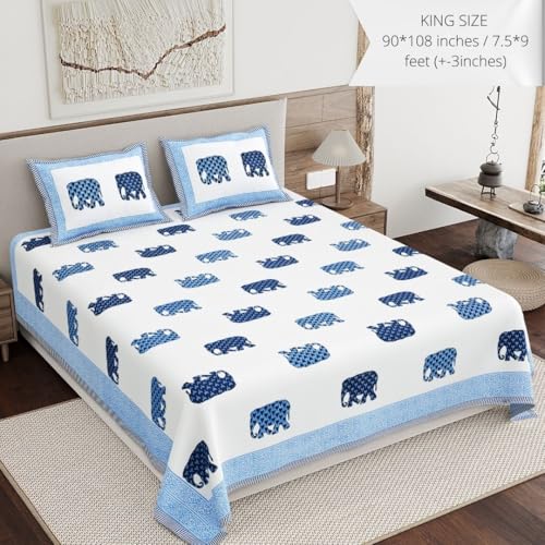 Image of Living Roots Ethnic Jaipur Block Print Double Cotton Bedsheet & 2 Pillow Covers, for Mattress Upto 6 inches Thick, No Colour Bleeding, Blue Colour, King Size 90 * 108 inches, 120TC (615-A)