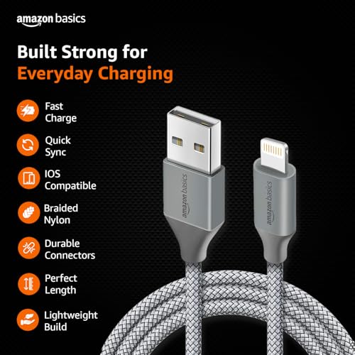Image of amazon basics Nylon Braided USB to Lightning Fast Charging and Data Sync Cable Compatible for iPhone 14,13, 12,11,X, 8, 7, 6, 5, iPad Air, Pro, Mini (3 FT Pack of 1, Grey)