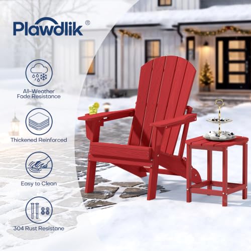 Image of Plawdlik Folding Adirondack Chair with Cup Holder, Red | SGS Tested, Wooden Textured , Heavy All-Weather HDPE Outdoor chairs for patio Backyard Lawn