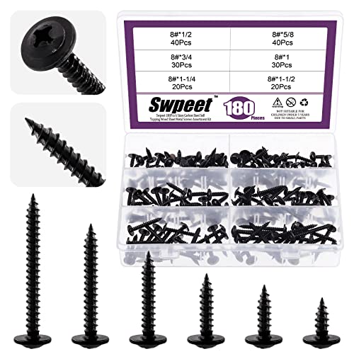 Swpeet Assortiment de 180 vis à bois à tête bombée modifiée Phillips en acier phosphaté noir 6 tailles #8 x 1,2 cm, 5/8, 3/4, 1,1/2