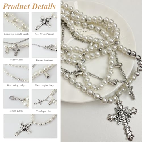 Image of SANNIDHI Pearl Necklace for Women Girls Gothic Rose Cross Pendant Chain Layered Necklace Stainless Steel Beads Choker Necklace Punk Aesthetic Necklace Jewellery Gifts for Women, Girls