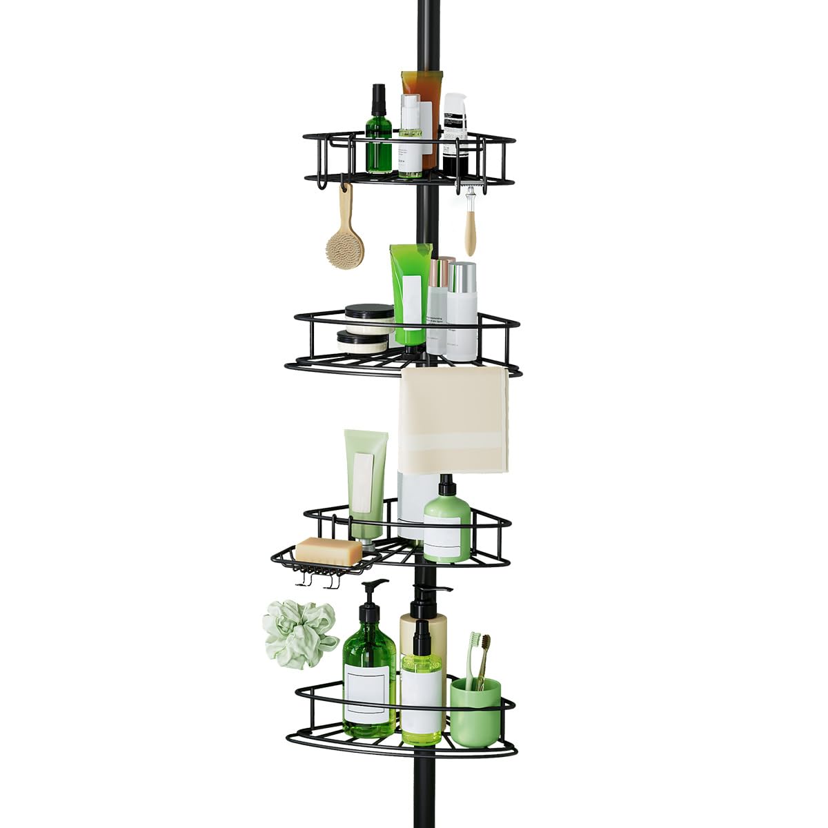 Binecer Corner Shower Caddy Tension Pole-4 Tier Adjustable Bathroom Shower Organizer with Soap Holder Rustproof Shower Shelves Shower