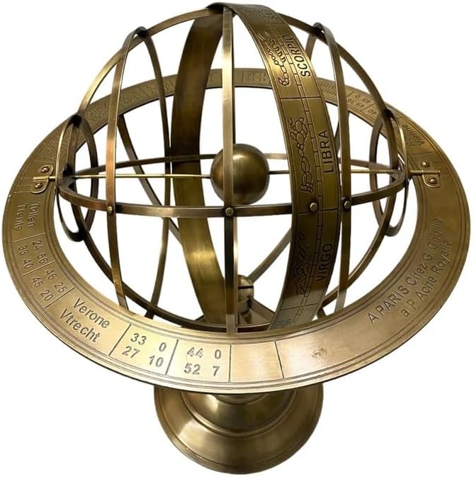 18" Astrolabe Brass Armillary Sphere, Zodiac Sign Engraved Armillary Globe, Home & Office Table Top Décor