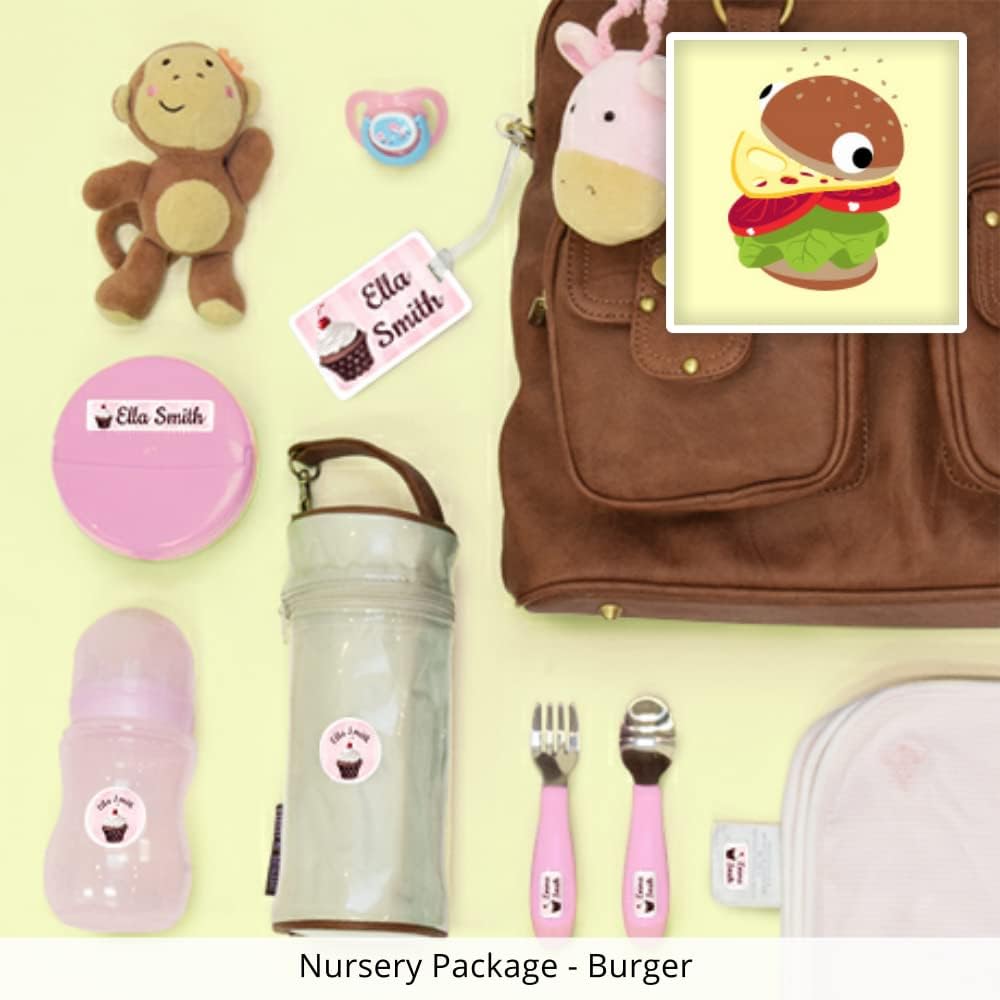 Nursery Package, 75 Durable Personalized Name Labels & Tags (Burger)