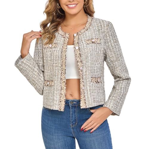 Xaspee Women's Tweed Blazers Cropped Collarless Plaid Jacket(Khaki-S)