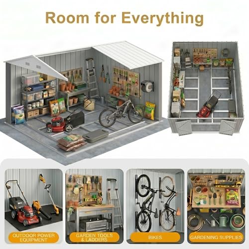 Image of Devoko 10x10 FT Outdoor Storage Shed with Floor Frame, Metal Tool Shed with Slooping Roof, Heavy Duty Large Shed for Garden Backyard Patio(Gray)