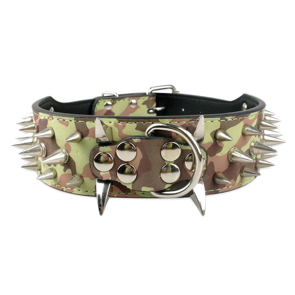 Sharp Spiked Studded Dog Collar 2 Inch Width Stylish Leather Dog Collars for Medium & Large Dogs Pitbull Labrador Boxer Rottweiler German Shepherd (L:19-22 inch, Camo)