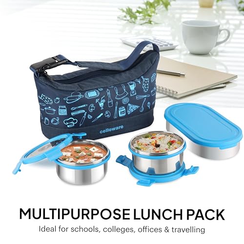 Image of CELLO MF Blaze Stainless Steel Lunch Box for Office Use Blue | 300ml x 2 Round Containers, 1 x 500ml Oval Containers, Lightweight Easy to Carry Leak Proof Airtight Tiffin Box for Travel and Daily Use
