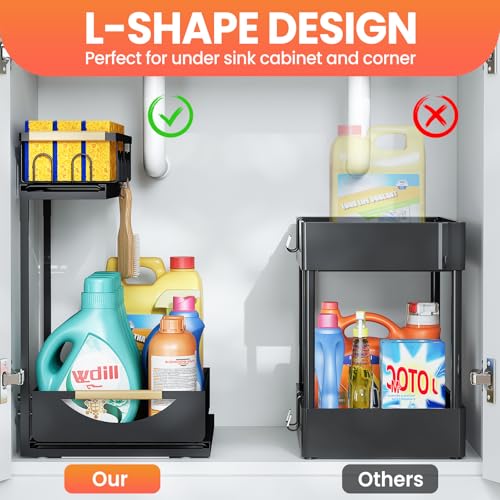 Image of Under Sink Organizer and Storage for Bathroom and Kitchen - 2 Pack 2 Tier | Cabinet Pull Out Shelf Organizers - Slide Out Drawer Organization for Home Cabinets Shelves and Drawers