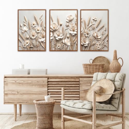 Image of CHDITB 3D Textured Wheat Floral Wall Art,Neutral Beige Farmhouse Wall Decor
