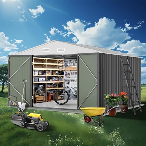 Zstar 10 x 8 FT Outdoor Storage Shed, Waterproof Garden Steel with Updated Frame Structure & Lockable Double Door, Metal Vertical Outside Storage Building for Backyard, Garden, Patio, Grey