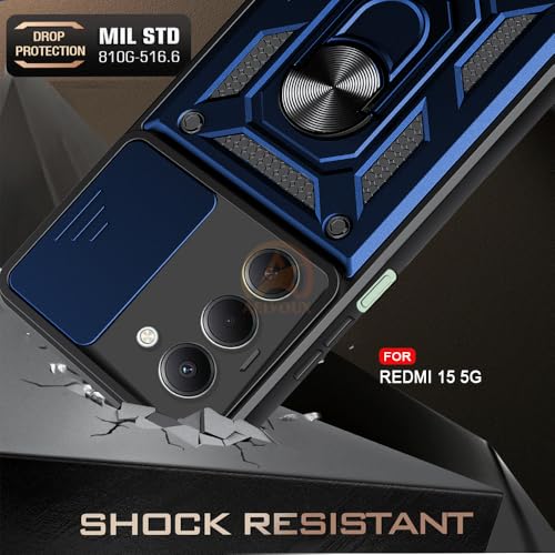 Image of Armor Bumper Back Cover Case for Redmi 15 5G | Rotating Camera Cover, Ring Holder & Kickstand | Heavy Duty & 360 Degree Protection Redmi 15 5G Back Cover (Blue)