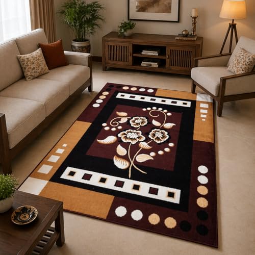 Image of Brown Multi Color Area Rug 6x8 Feet - Floral Living Room Carpet | Anti-Slip Bedroom Floor Rug