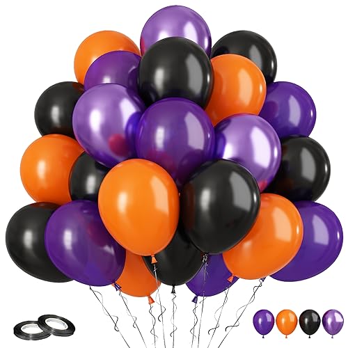 Image of FunHot Halloween Party Balloons, 60Pcs Black Purple Orange Balloons, 12 Inch Metallic Purple Black Latex Balloons Purple Orange Party Balloons Helium for Kids Halloween Birthday Decorations Indoor