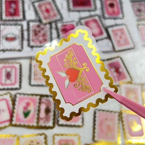 Image of 50 PCS Cartoon love stamps Stickers Aesthetic PET Stickers Gold Stamp Decal Waterproof Decorative Decals for Scrapbook DIY Crafts Album Bullet Journal Planner Water Bottles Laptop Phone (Gold stamp-B)