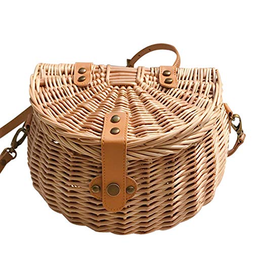 N/M Bicycle Baskets,Handmade Rattan Woven Bike Front Basket with Lid, Handle Bar Adult Bike Basket, Water Resistant, with Leather Straps