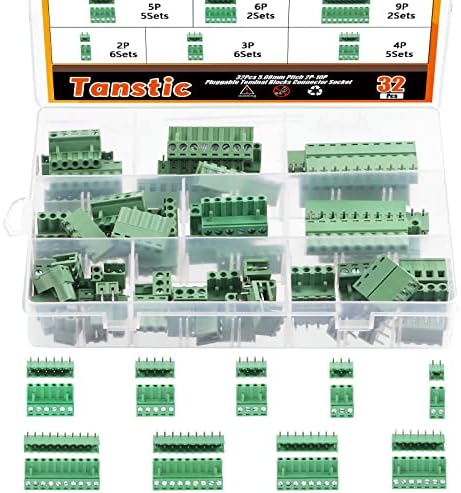 Tanstic 32 Sets Terminal Blocks, 5.08mm Pitch 2/3/4/5/6/7/8/9/10 Pin 10A 300V PCB Mount Screw Pluggable Male Female Terminal Block Connector